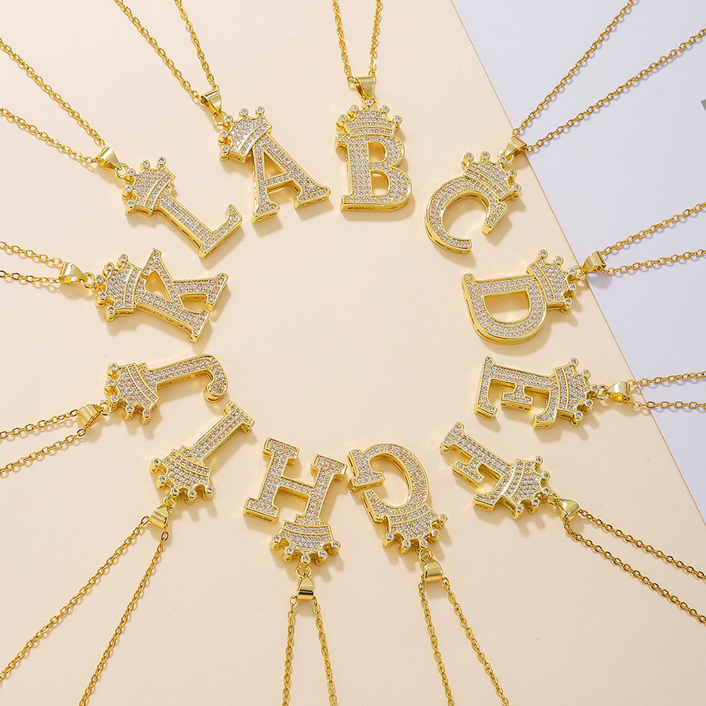 Initial Necklace with Crown Detail — 18K Gold