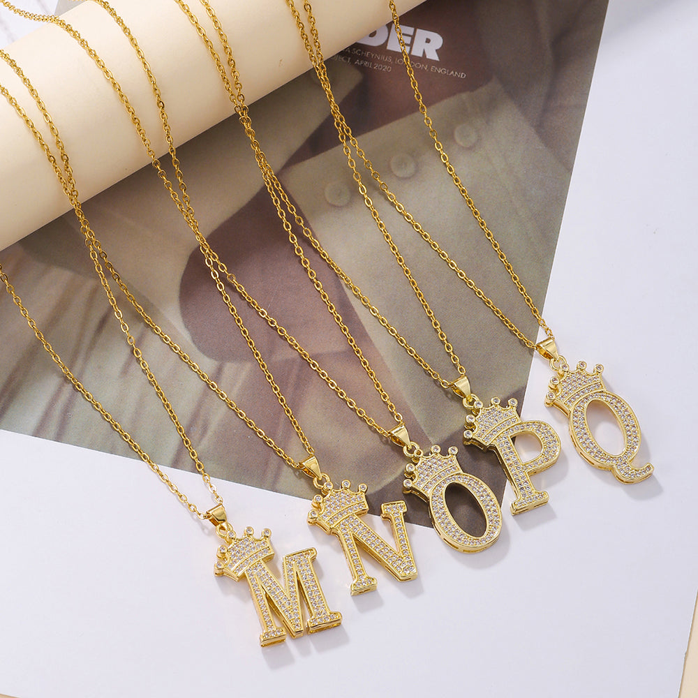 Initial Necklace with Crown Detail — 18K Gold