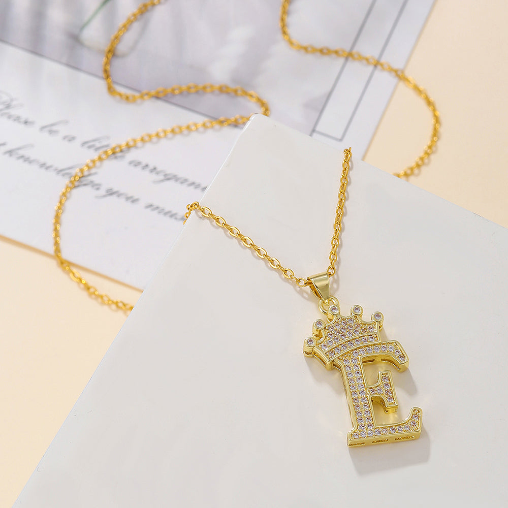 Initial Necklace with Crown Detail — 18K Gold