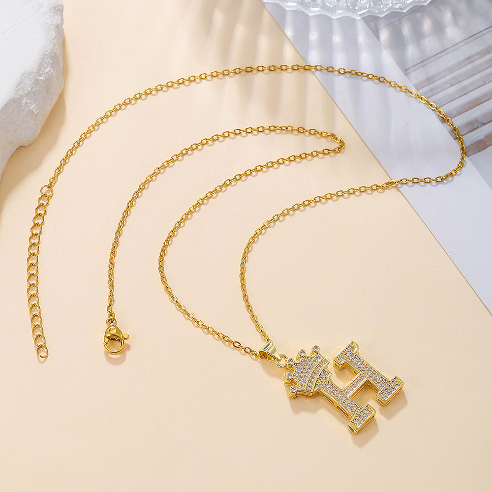 Initial Necklace with Crown Detail — 18K Gold