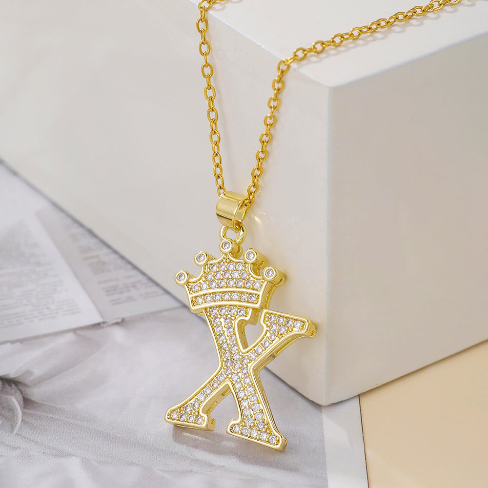 Initial Necklace with Crown Detail — 18K Gold