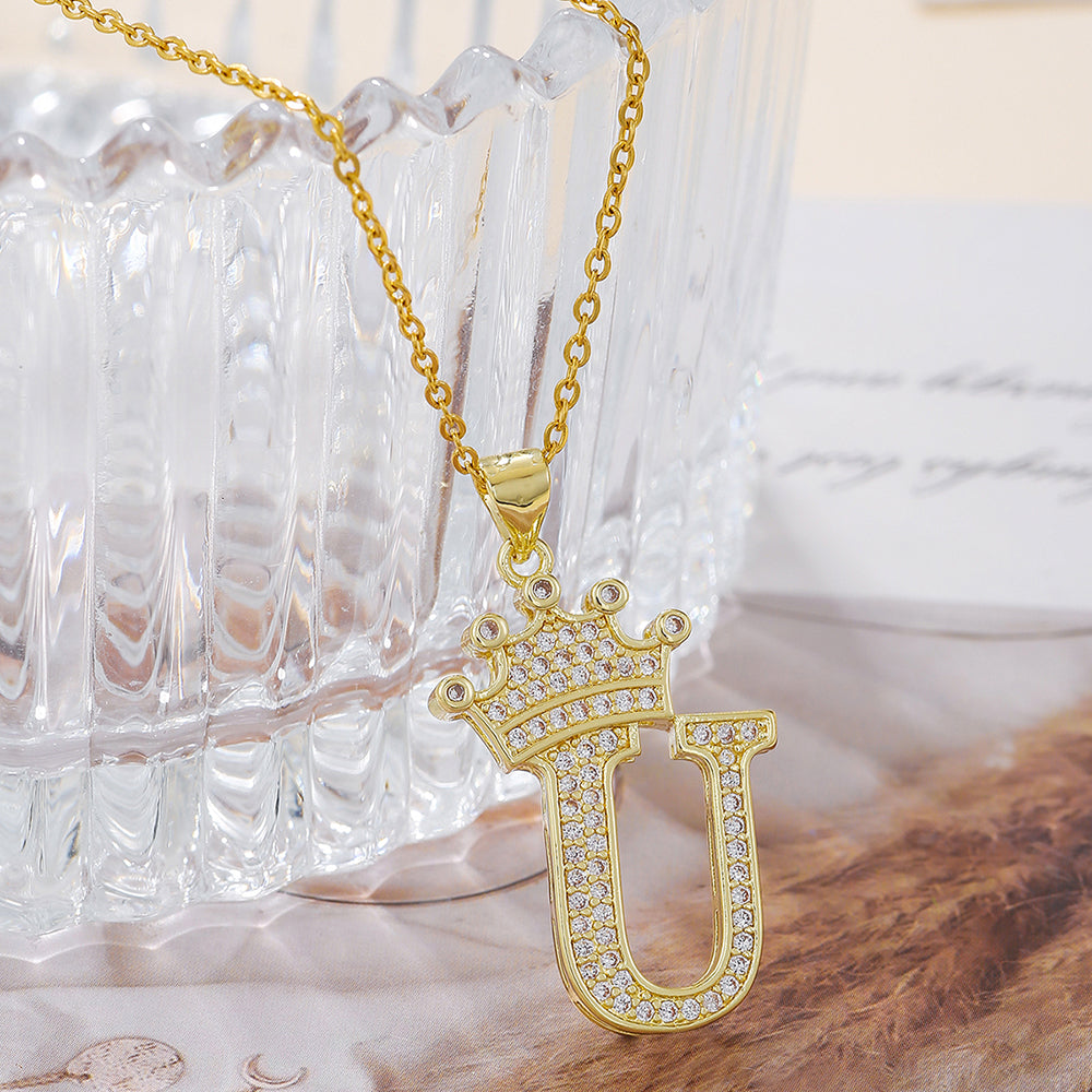 Initial Necklace with Crown Detail — 18K Gold