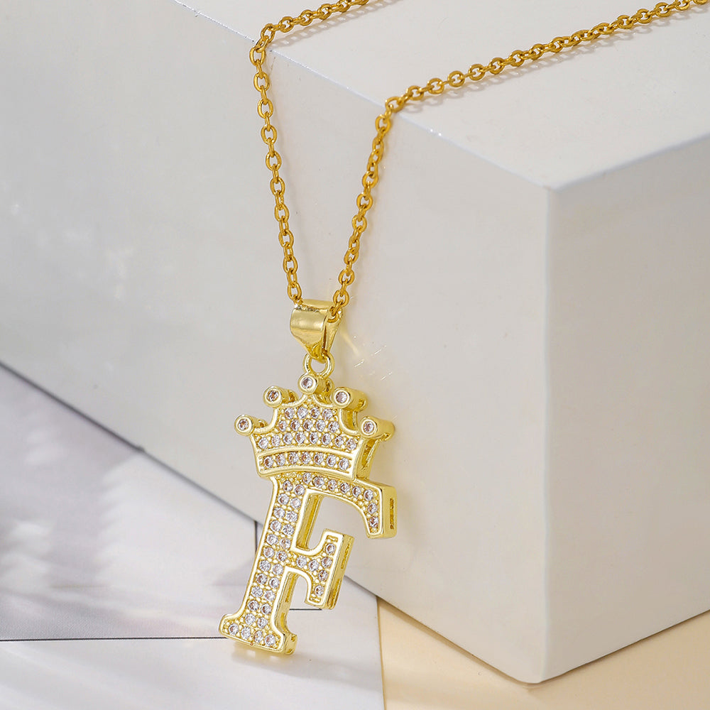 Initial Necklace with Crown Detail — 18K Gold
