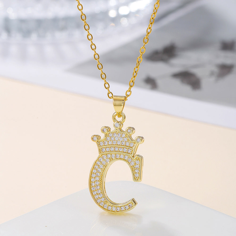 Initial Necklace with Crown Detail — 18K Gold