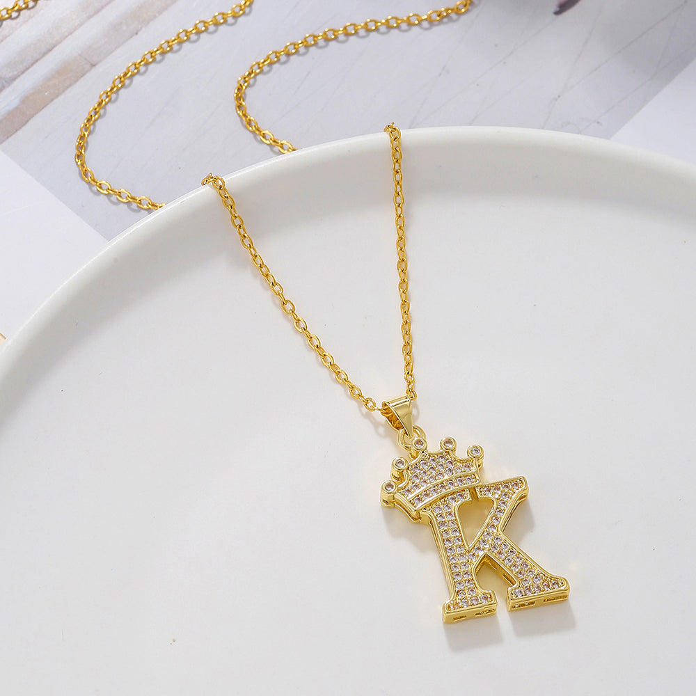 Initial Necklace with Crown Detail — 18K Gold