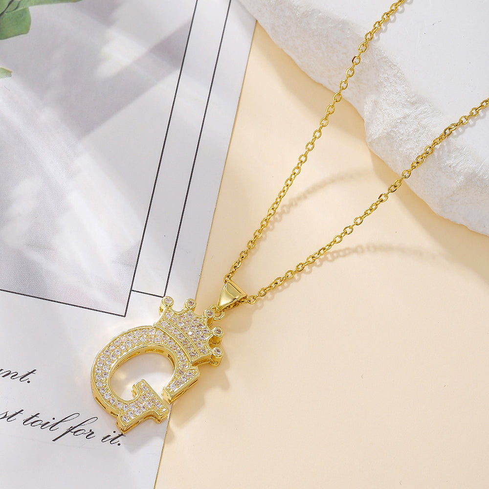 Initial Necklace with Crown Detail — 18K Gold