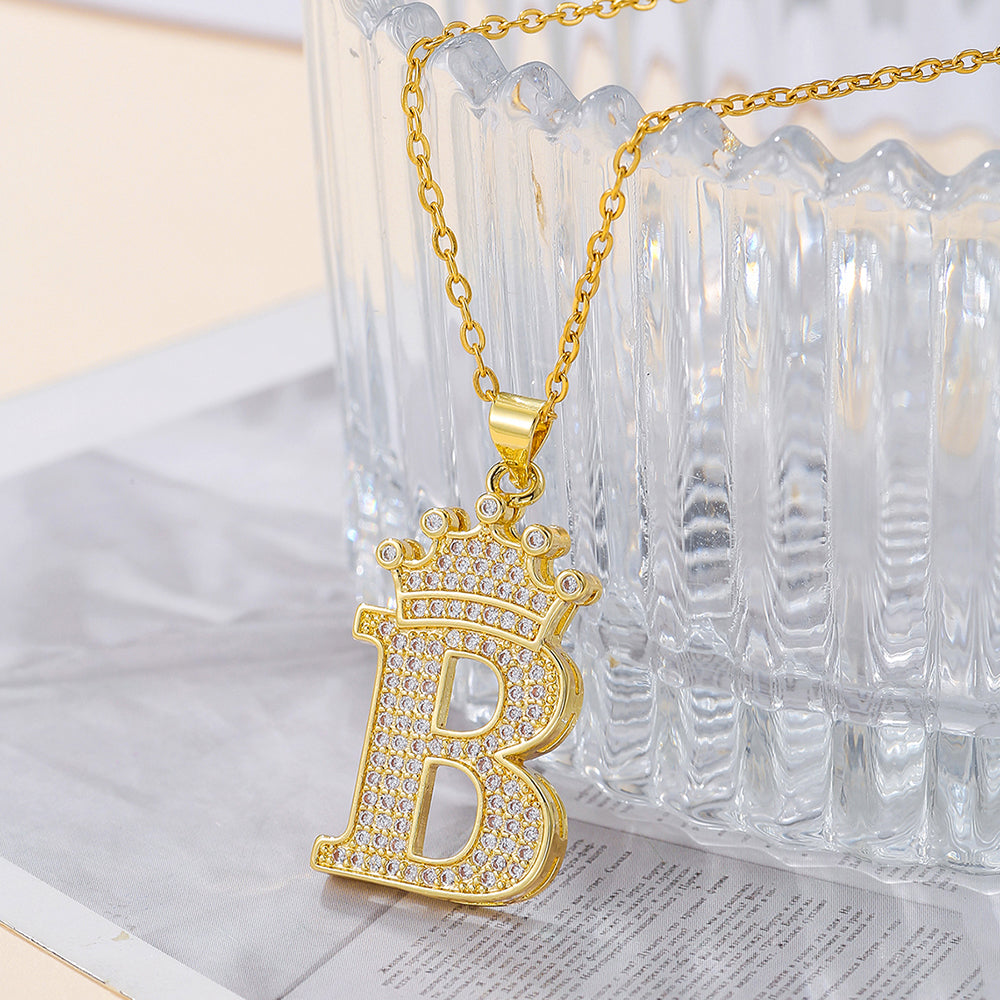 Initial Necklace with Crown Detail — 18K Gold