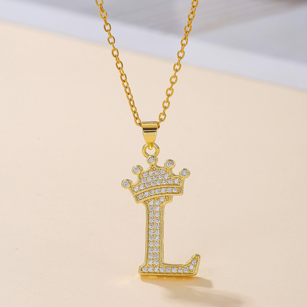 Initial Necklace with Crown Detail — 18K Gold