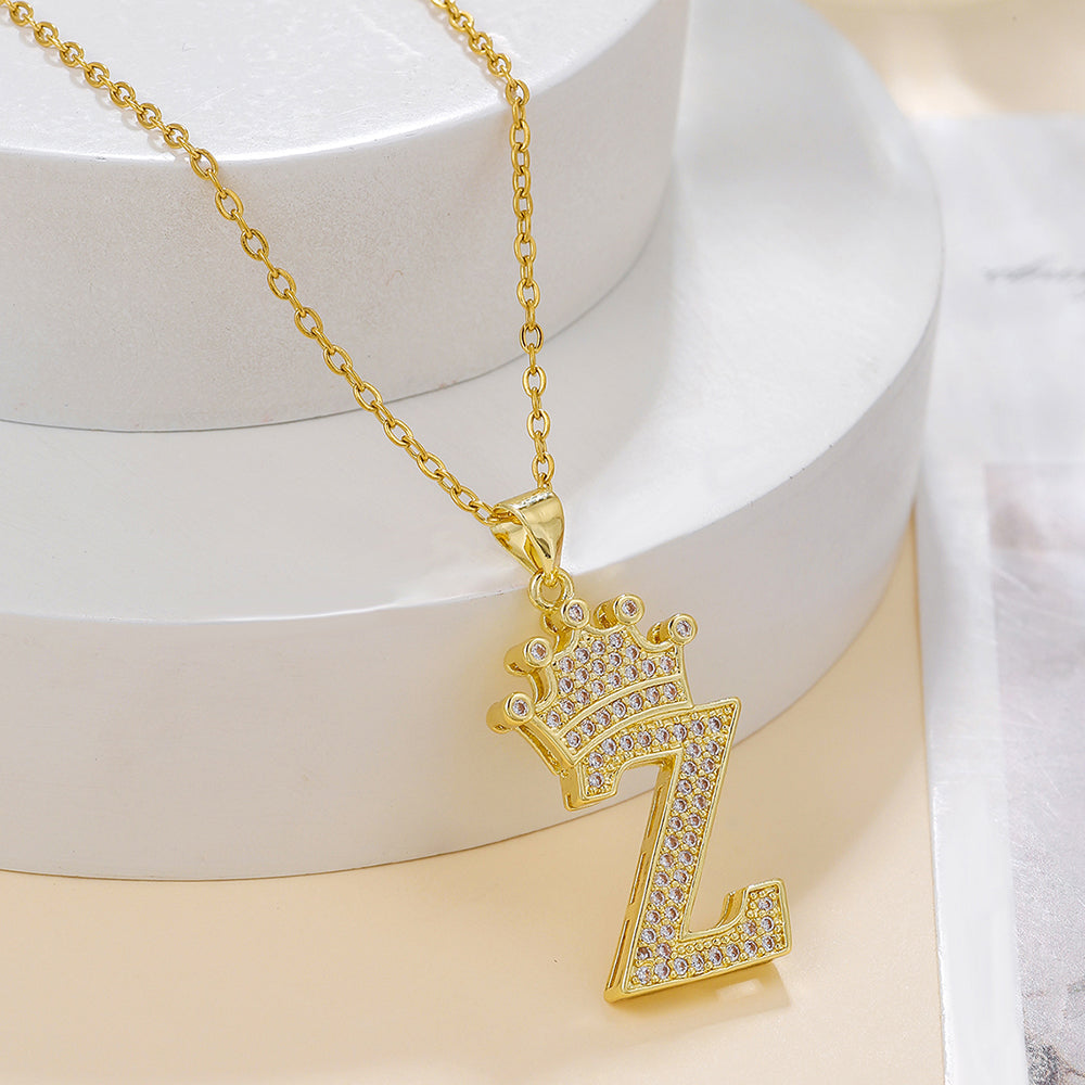 Initial Necklace with Crown Detail — 18K Gold