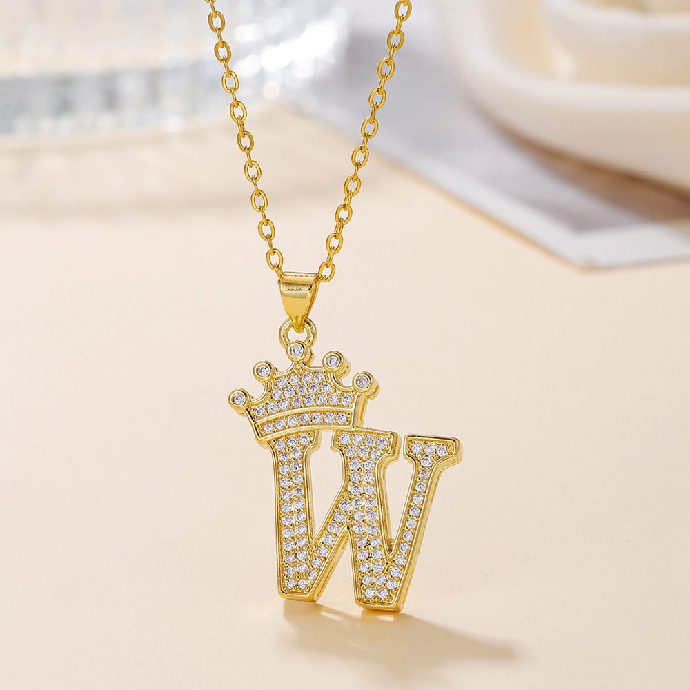 Initial Necklace with Crown Detail — 18K Gold
