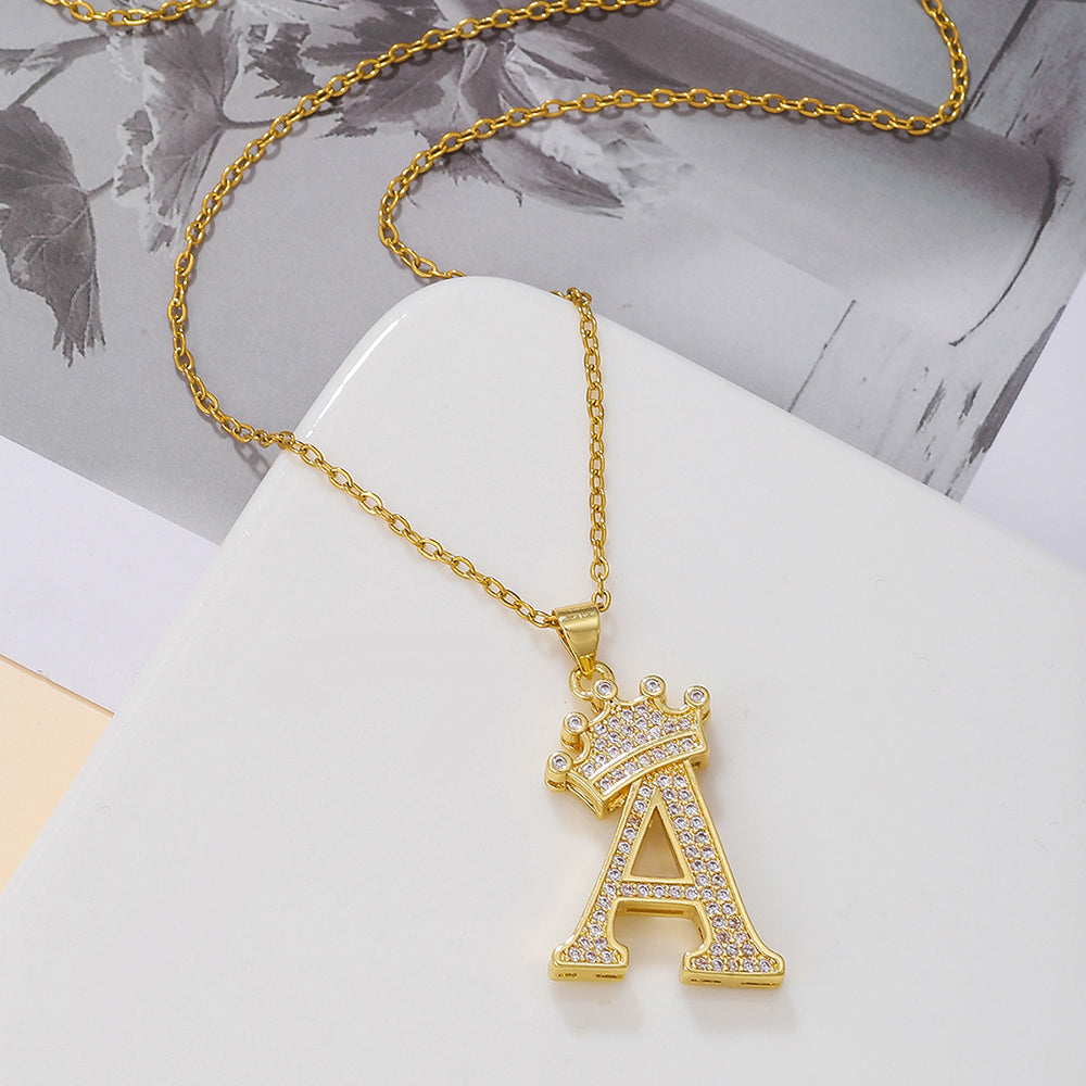 Initial Necklace with Crown Detail — 18K Gold
