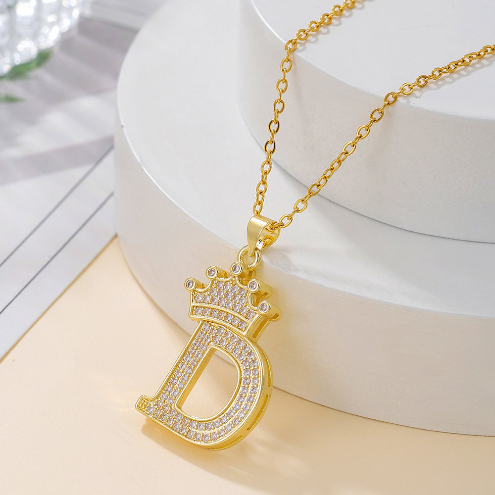 Initial Necklace with Crown Detail — 18K Gold
