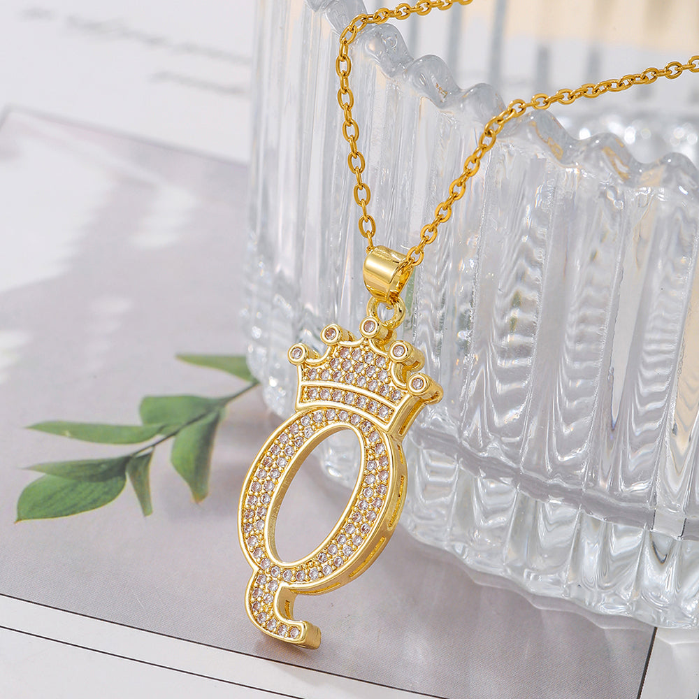 Initial Necklace with Crown Detail — 18K Gold