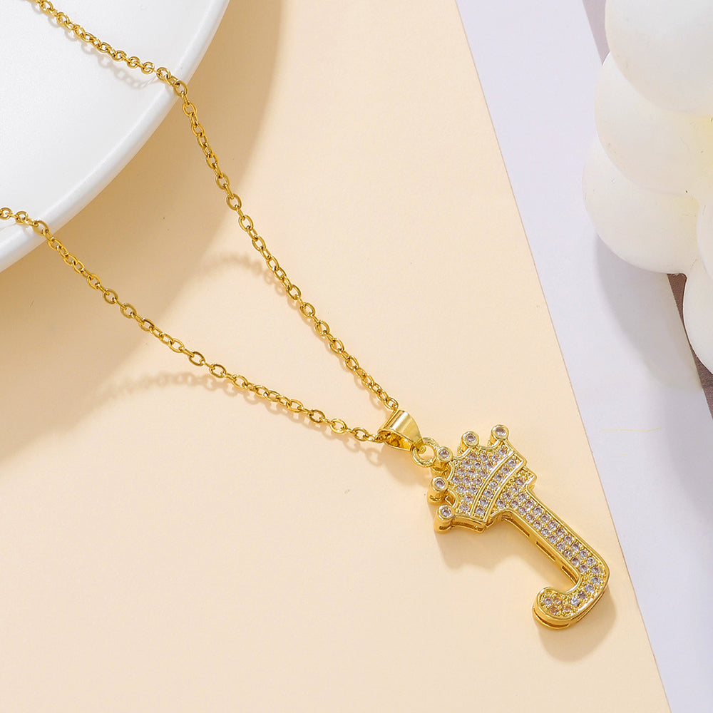 Initial Necklace with Crown Detail — 18K Gold
