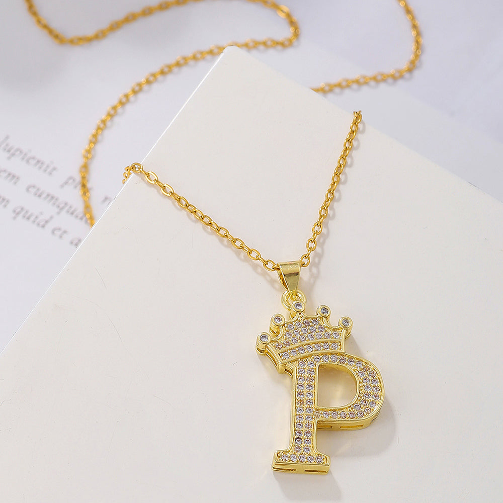 Initial Necklace with Crown Detail — 18K Gold