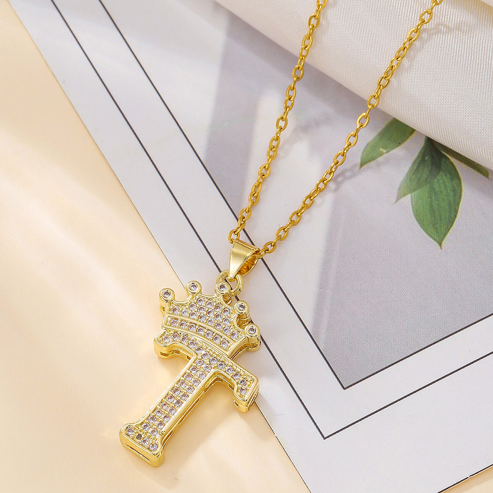 Initial Necklace with Crown Detail — 18K Gold