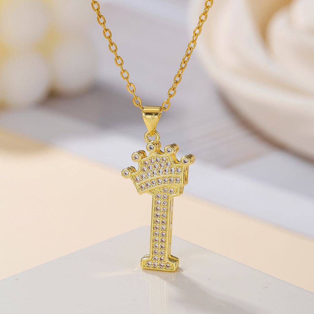 Initial Necklace with Crown Detail — 18K Gold