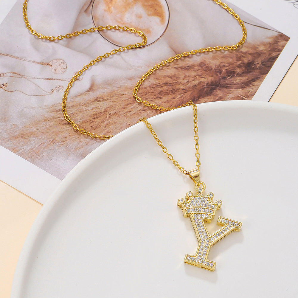 Initial Necklace with Crown Detail — 18K Gold