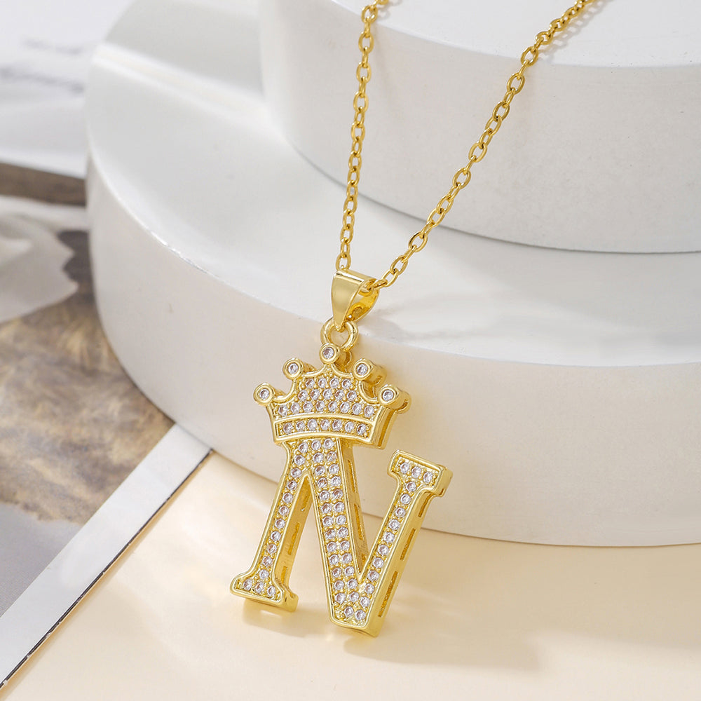 Initial Necklace with Crown Detail — 18K Gold