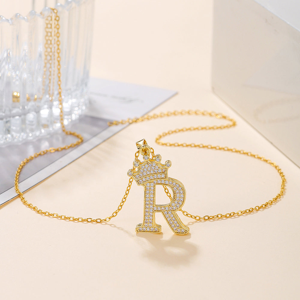 Initial Necklace with Crown Detail — 18K Gold