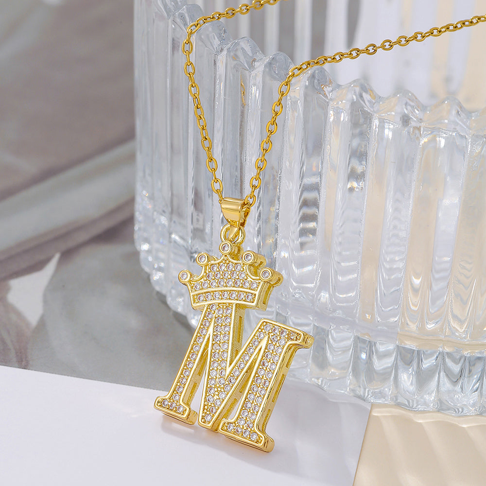 Initial Necklace with Crown Detail — 18K Gold
