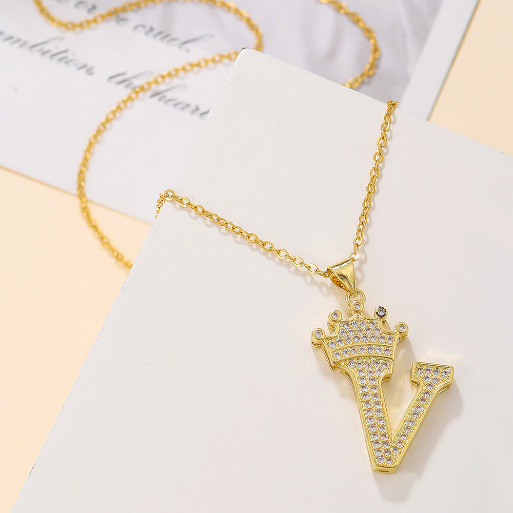 Initial Necklace with Crown Detail — 18K Gold